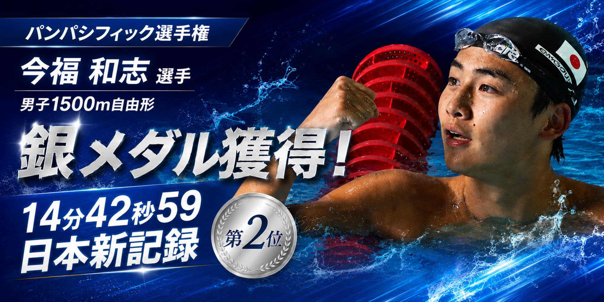 【パンパシフィック選手権】今福和志選手が男子1500m自由形で銀メダル獲得！日本新記録を樹立